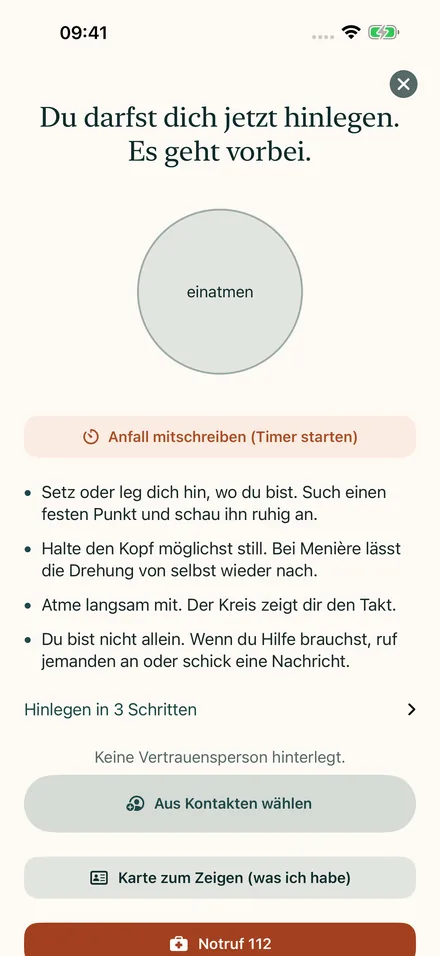 Akut-Modus mit Atemkreis, Anleitung und Notruf-Knopf