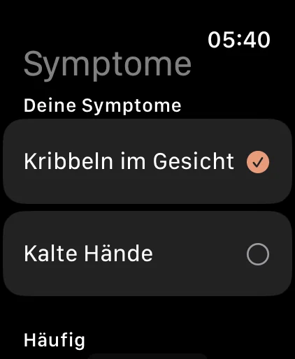 Apple Watch: Symptome nach dem Anfall antippen, eigene Symptome oben