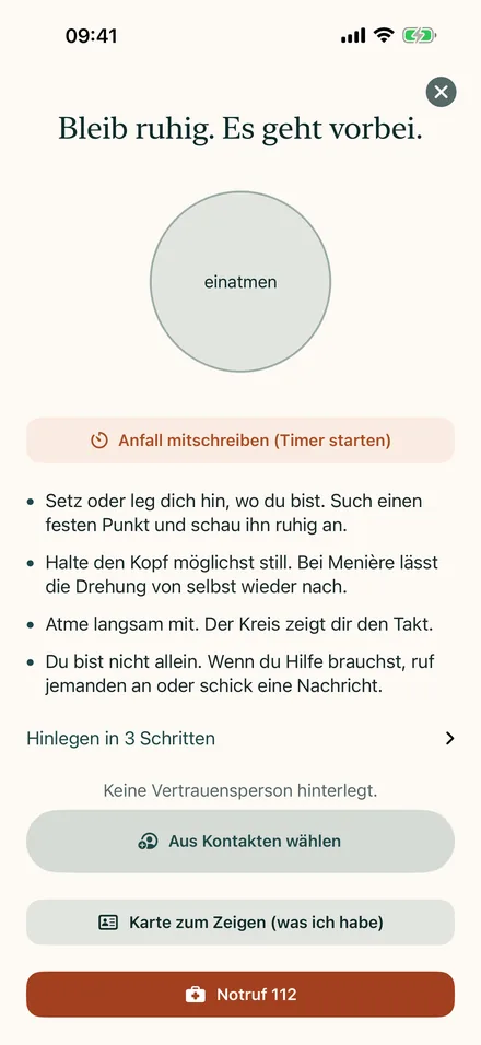 Akut-Modus mit Atemkreis, Anleitung und Notruf-Knopf