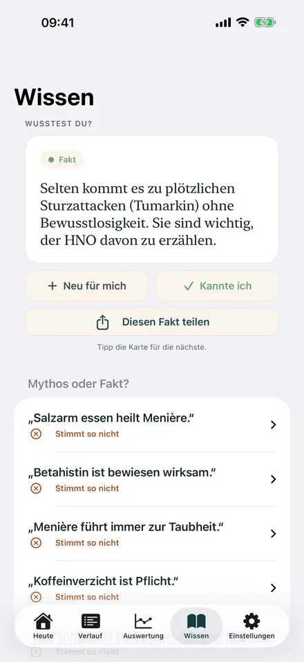 Wissensbereich mit Fakt des Tages und Mythen-Check