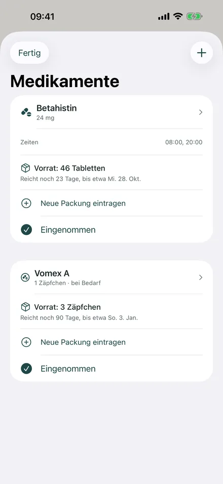 Medikamente mit Vorrat: Betahistin 46 Tabletten, reicht noch gut drei Wochen