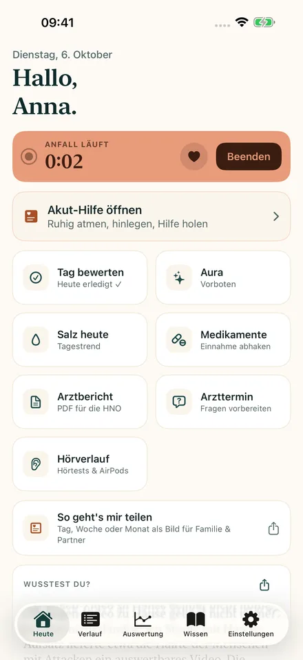 Laufender Anfall mit Timer und großem Knopf „Akut-Hilfe öffnen“