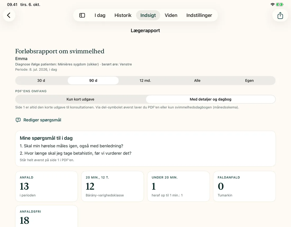 Lægerapport på iPad med nøgletal, varighedsklasser og spørgsmål til konsultationen