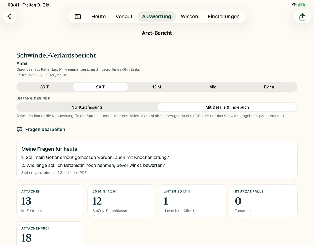 Arztbericht auf dem iPad mit Kennzahlen, Dauerklassen und Fragen für den Termin