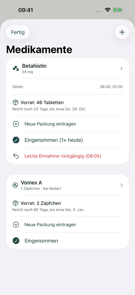 Medikamente mit Vorrat: Betahistin 46 Tabletten, reicht noch gut drei Wochen