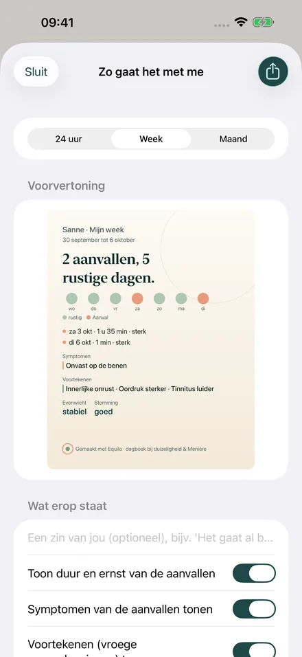 Voorbeeldafbeelding ‘Mijn week’ met stippen voor rustige dagen en aanvallen, symptomen en voortekenen