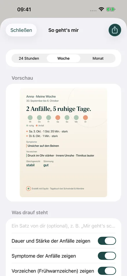 Bildvorschau „Meine Woche“ mit Punkten für ruhige Tage und Anfälle, Symptomen und Vorzeichen