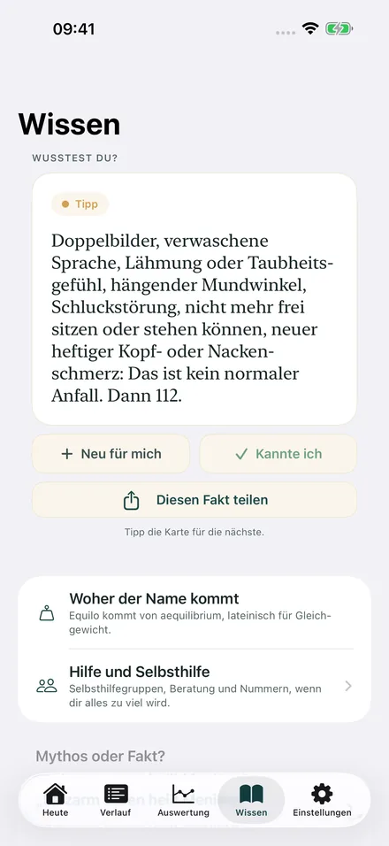 Wissensbereich mit Fakt des Tages und Mythen-Check