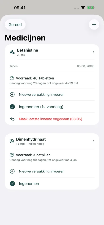Medicijnen met voorraad: betahistine 46 tabletten, nog ruim drie weken genoeg