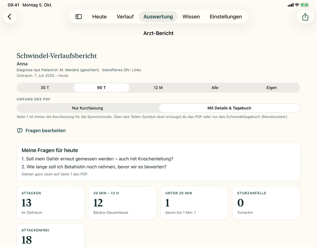 Arztbericht auf dem iPad mit Kennzahlen, Dauerklassen und Fragen für den Termin