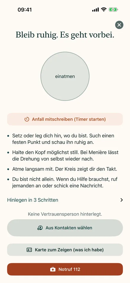 Akut-Modus mit Atemkreis, Anleitung und Notruf-Knopf