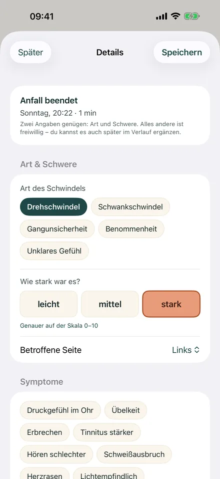 Equilo nach dem Beenden eines Anfalls: Art des Schwindels und drei große Knöpfe für die Stärke