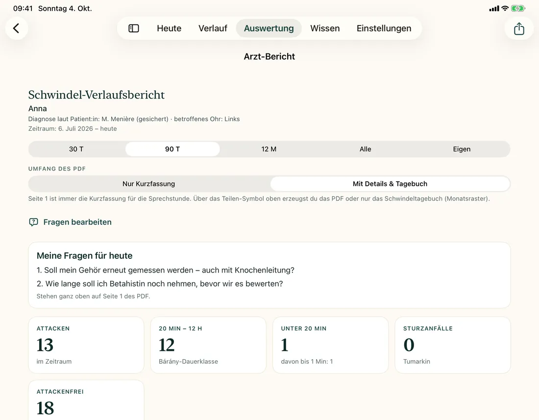 Arztbericht auf dem iPad mit Kennzahlen, Dauerklassen und Fragen für den Termin