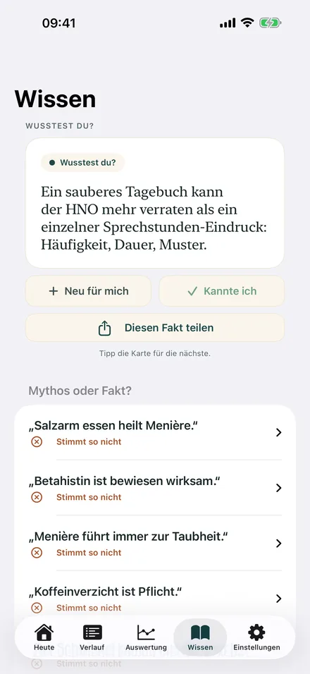 Wissensbereich mit Fakt des Tages und Mythen-Check