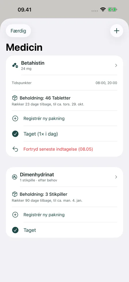 Medicin med beholdning: betahistin 46 tabletter, rækker godt tre uger endnu