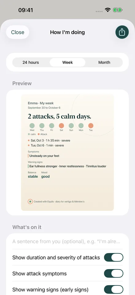 Image preview “My week” with dots for calm days and attacks, symptoms and early signs