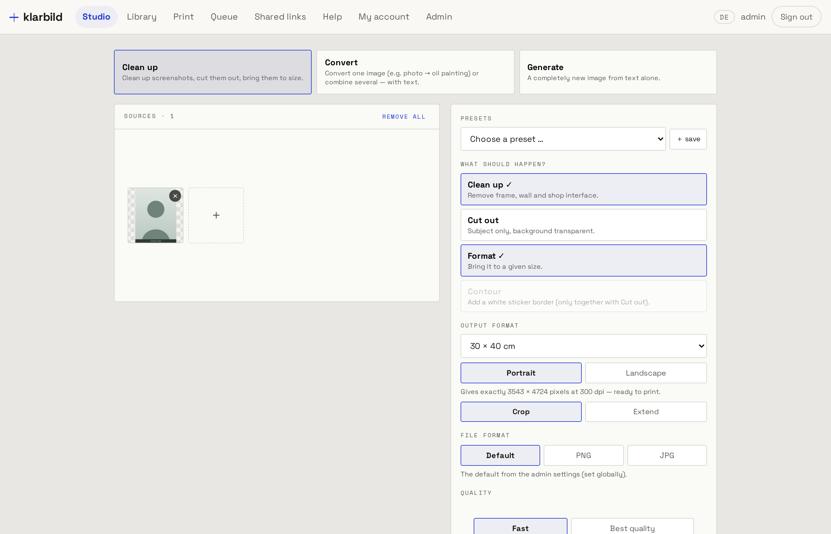 The studio with the AI module on: four tasks, saved presets, exact output size